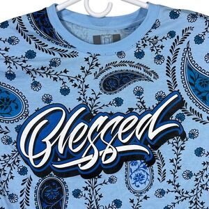 Hustle Gang Blessed All Over Print T-Shirt Mens Medium Blue Paisley Short Sleeve